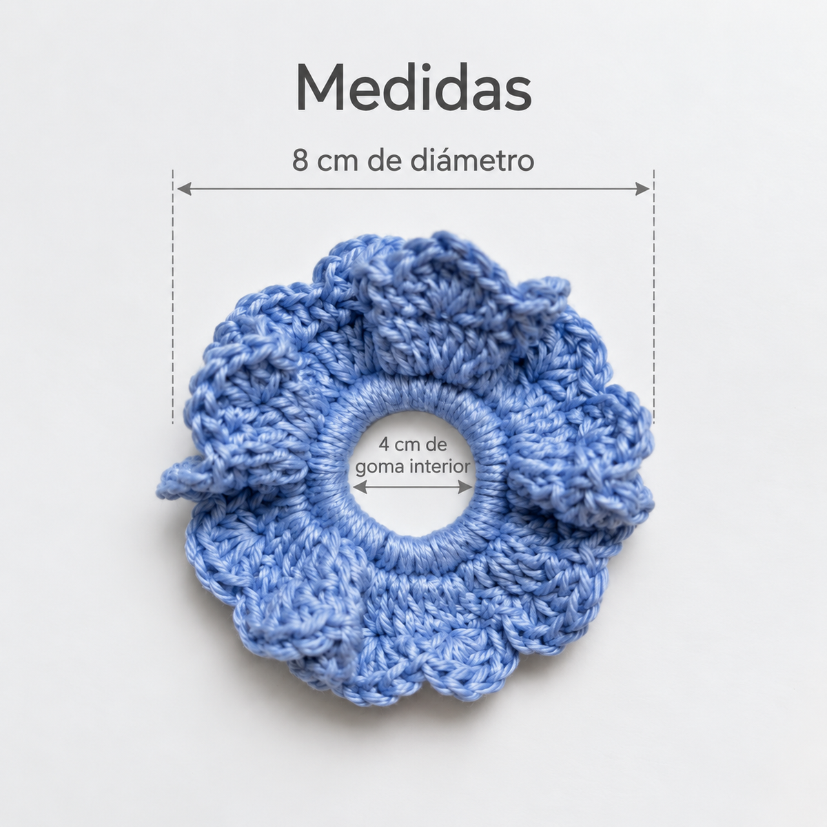 Medidas coletero scrunchie crochet niña 8 cm y goma interior 4 cm