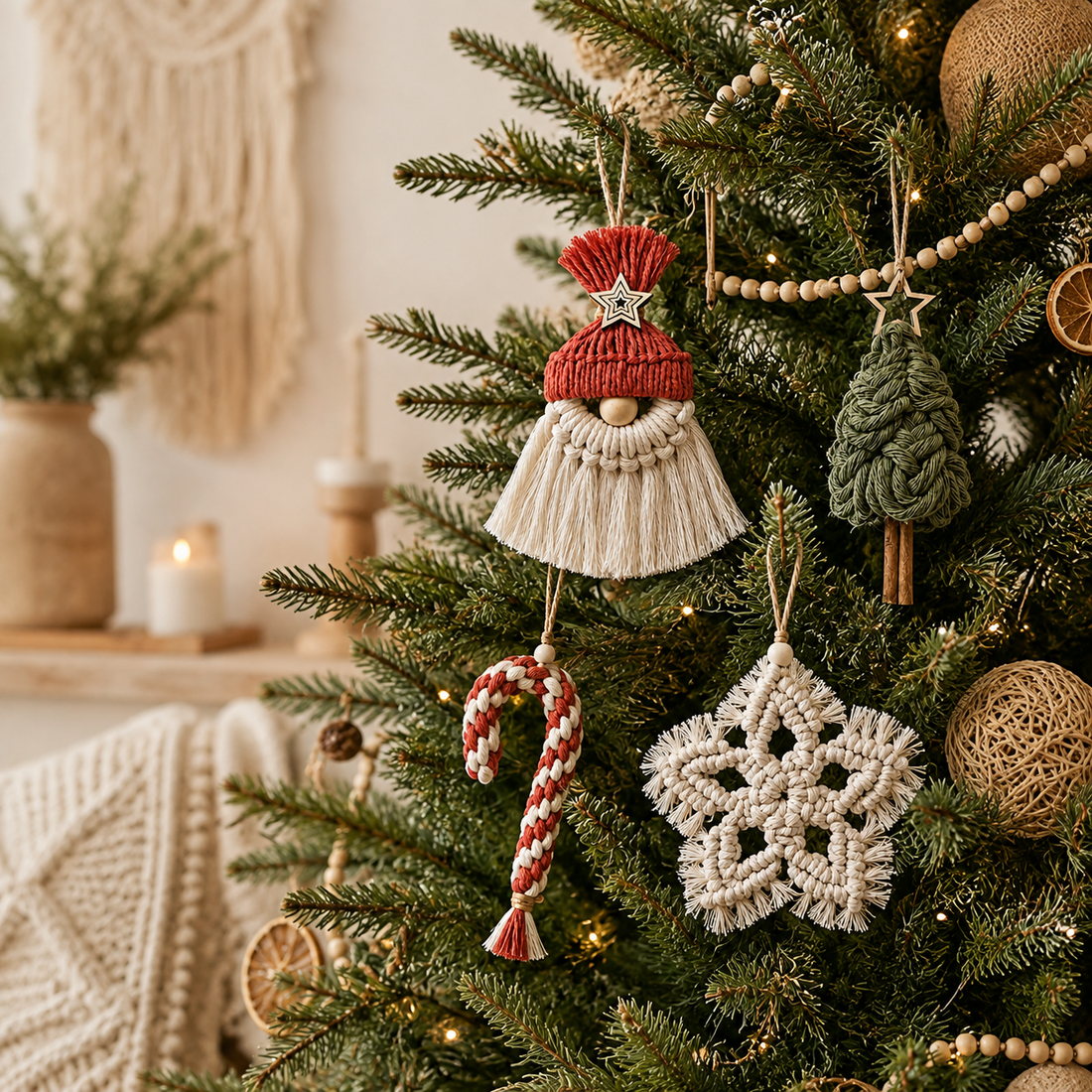 arbol de navidad decorado con adornos hechos a mano de macrame