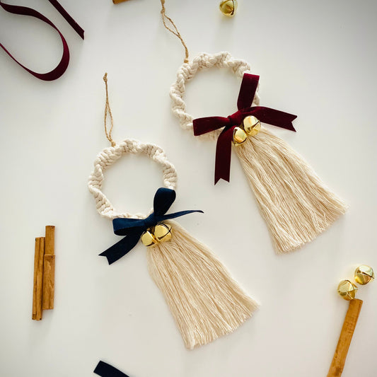 Macrame Christmas Ornament Pack with Velvet Bow