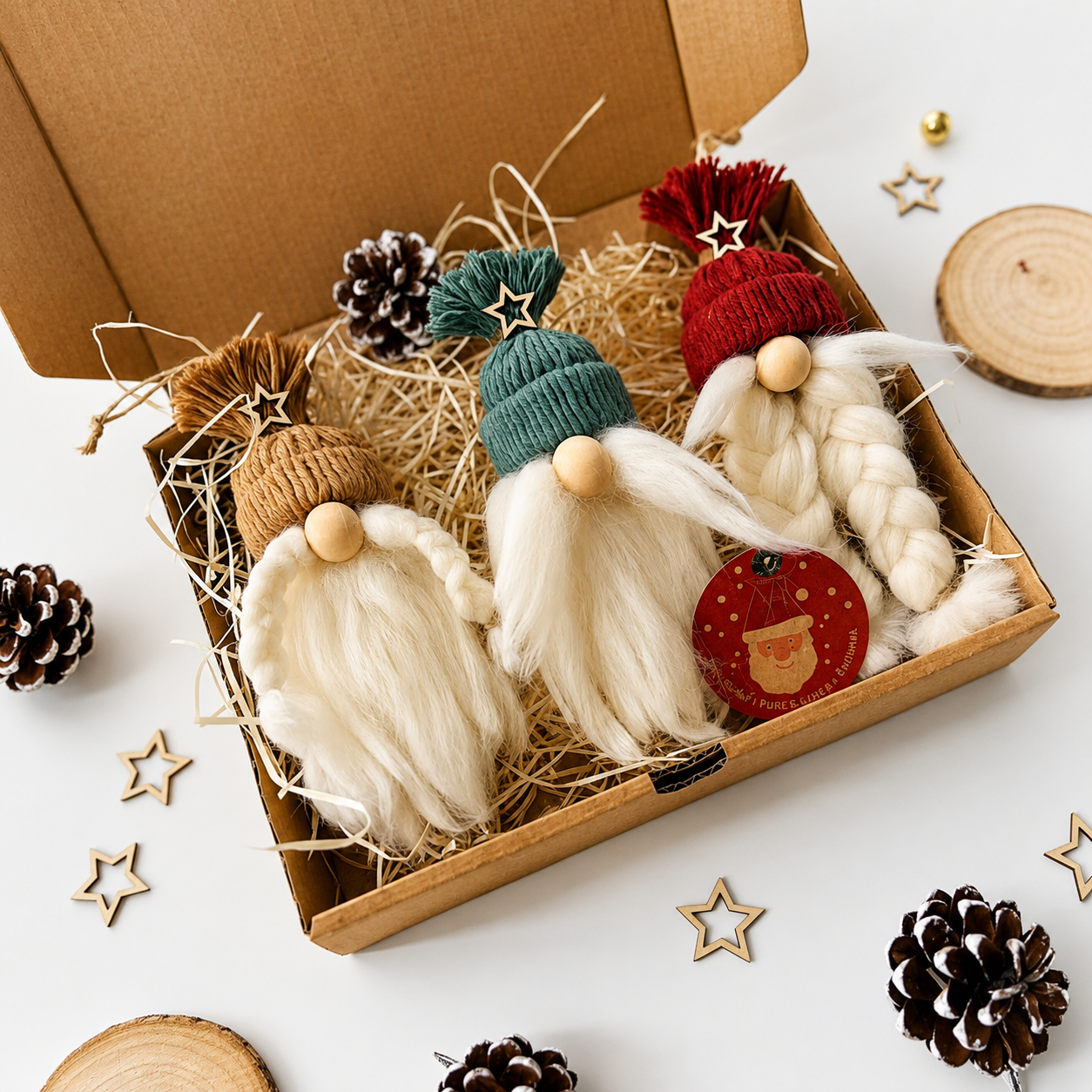 Pack de 3 gnomos navideños hechos a mano en camel salvia y terracota