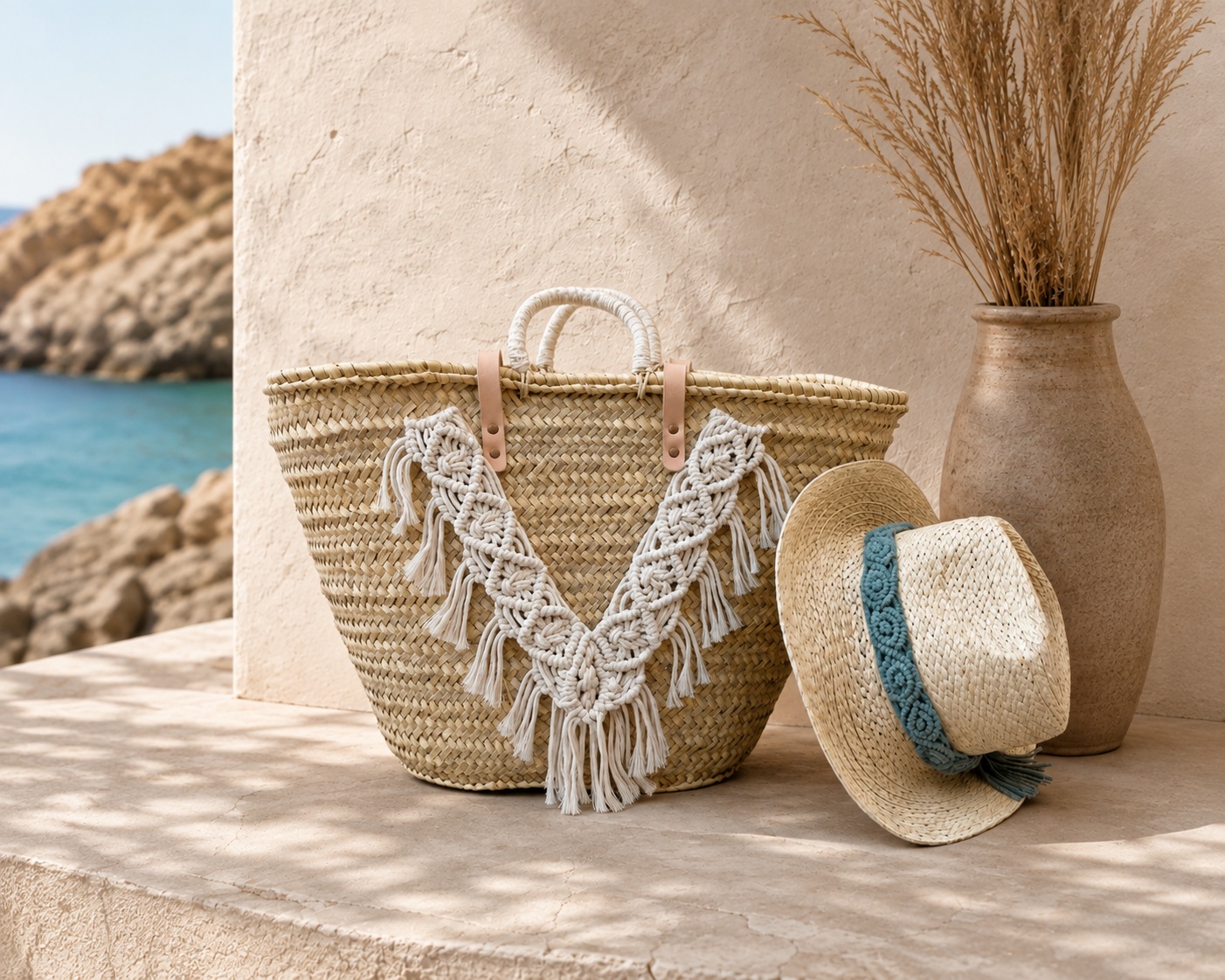Bolso de playa artesanal de estilo boho y mediterráneo