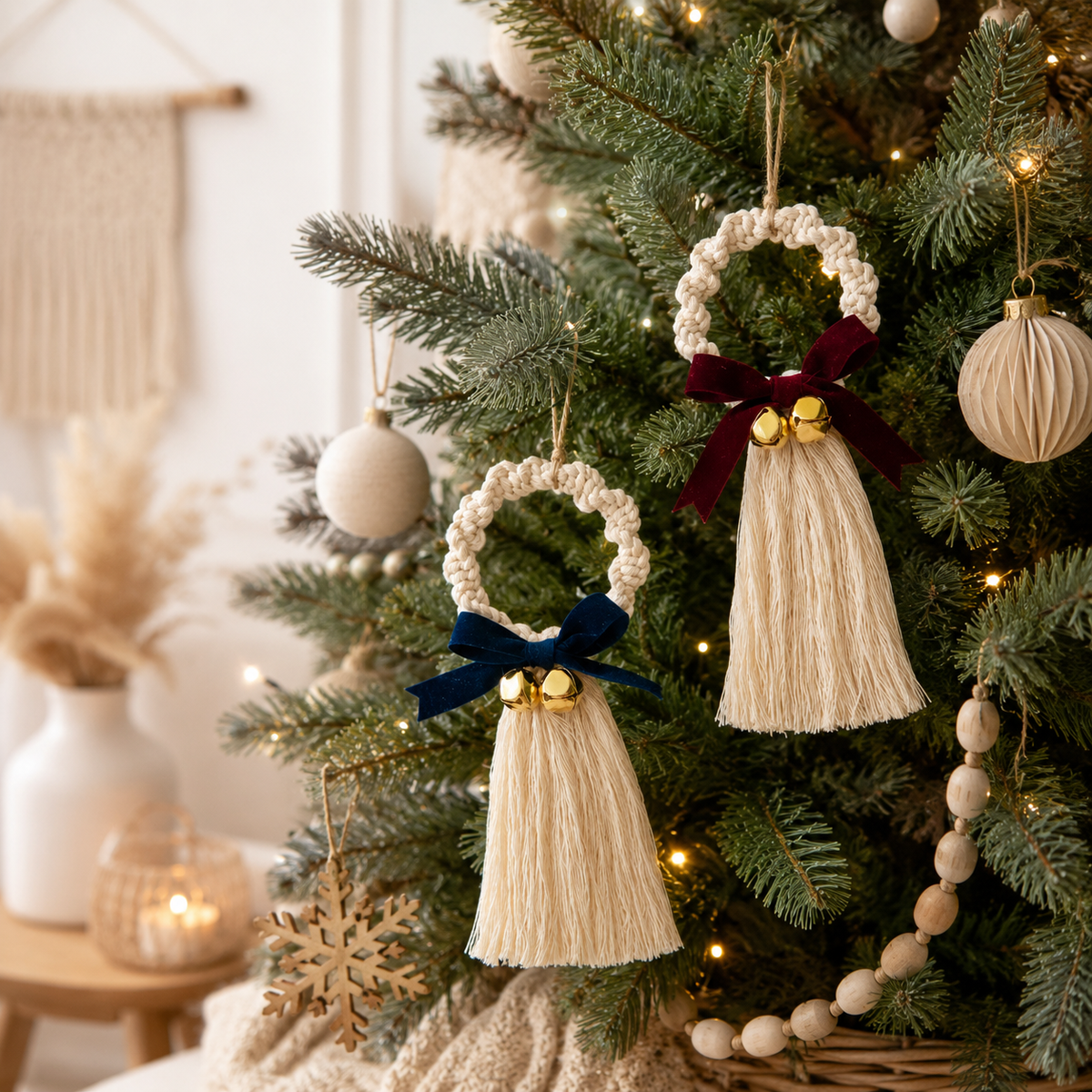 Pack de 2 adornos de Navidad de macramé con lazo de terciopelo
