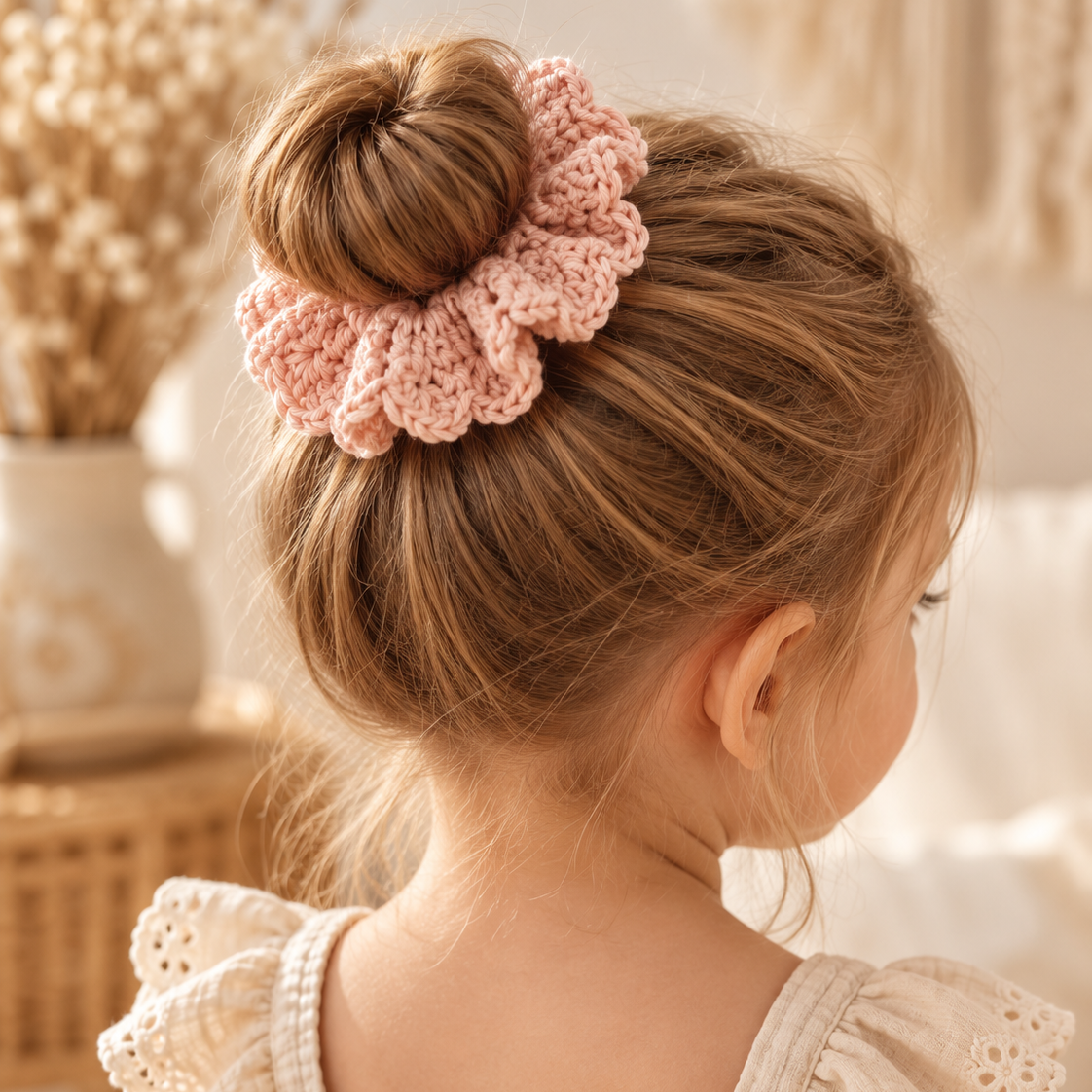 Niña con coletero scrunchie de crochet rosa en moño de bailarina