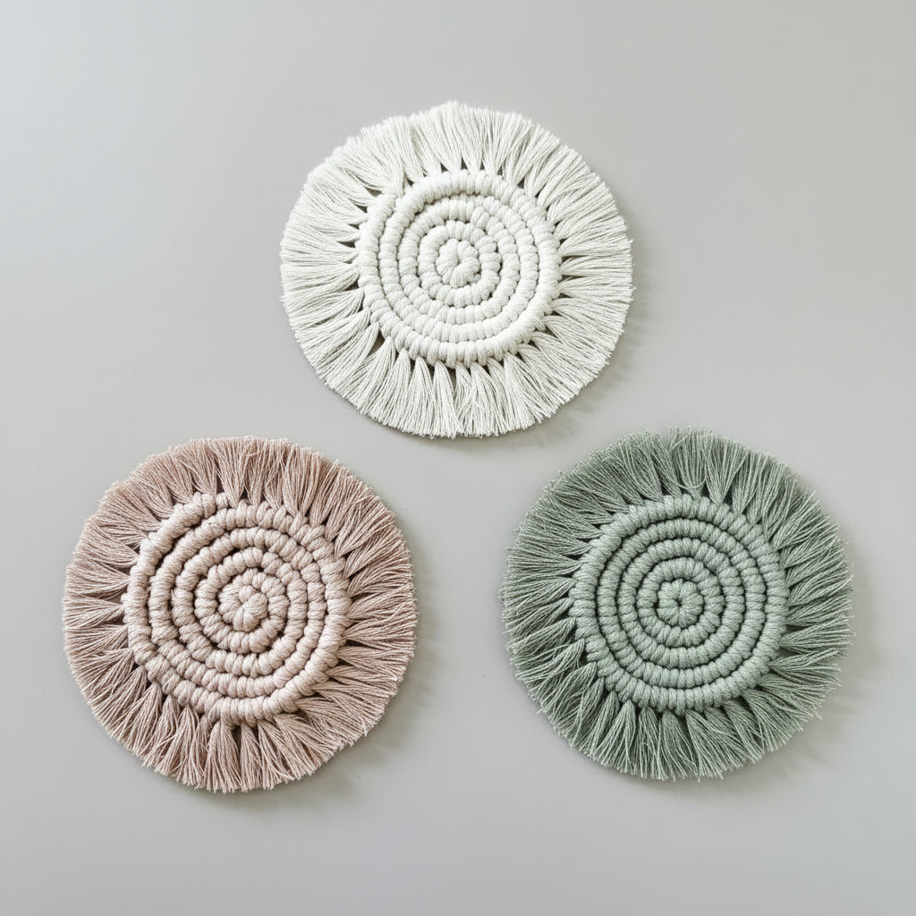 Posavasos de macramé con flecos hechos a mano en varios colores