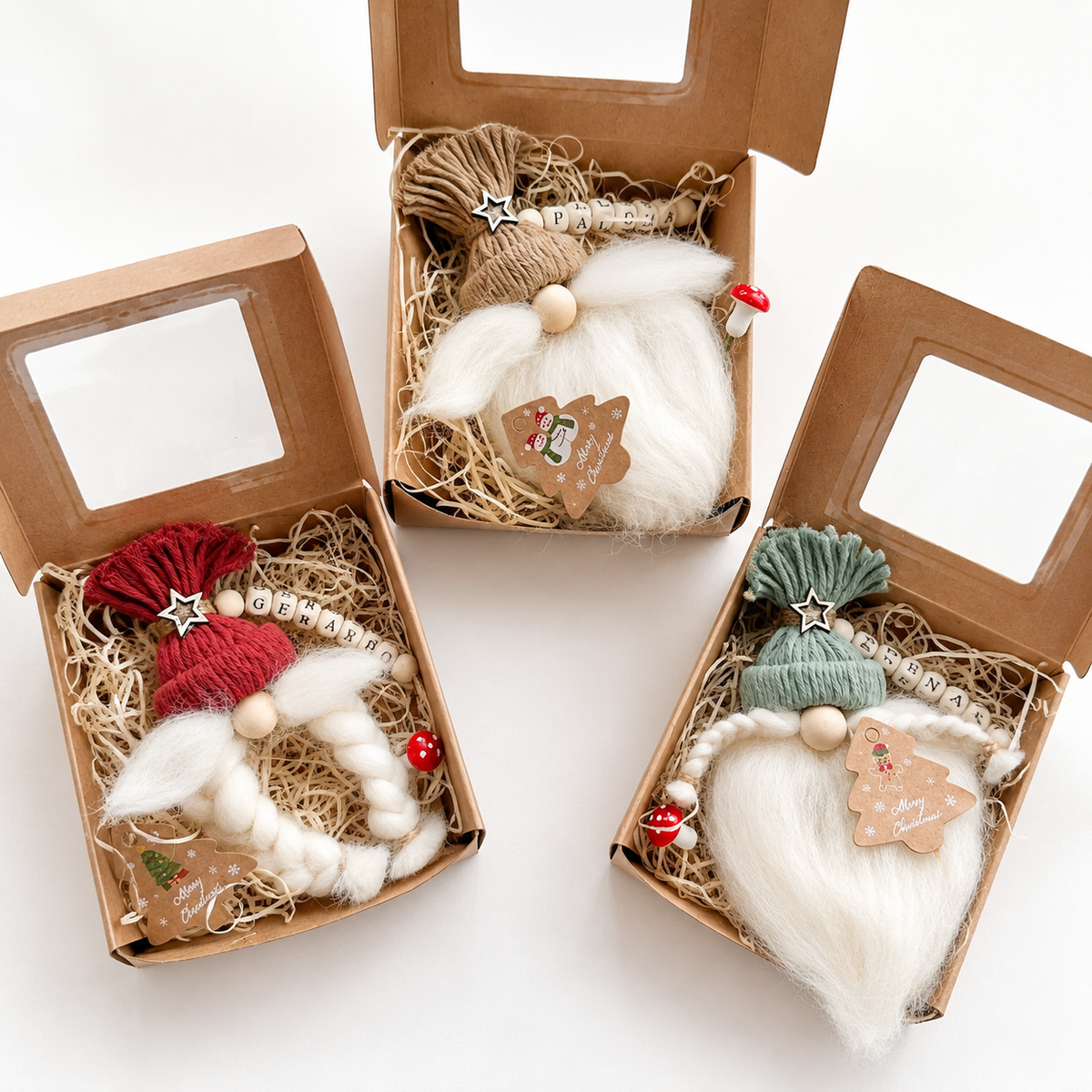 Gnomo de Navidad personalizado presentado en caja kraft