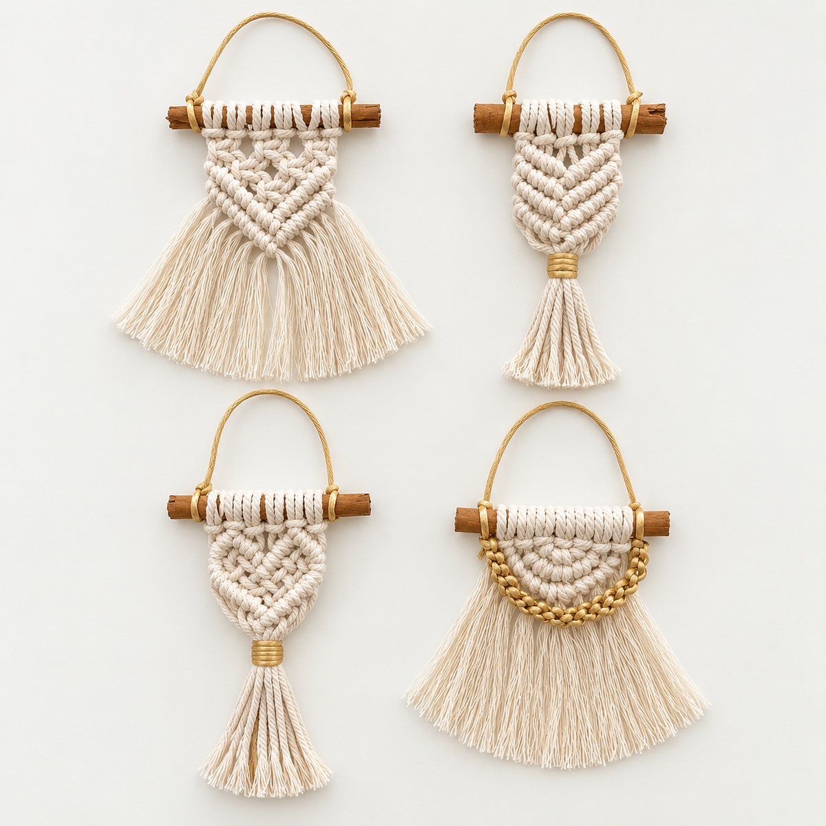 Pack de 4 adornos de Navidad de macramé y canela hechos a mano