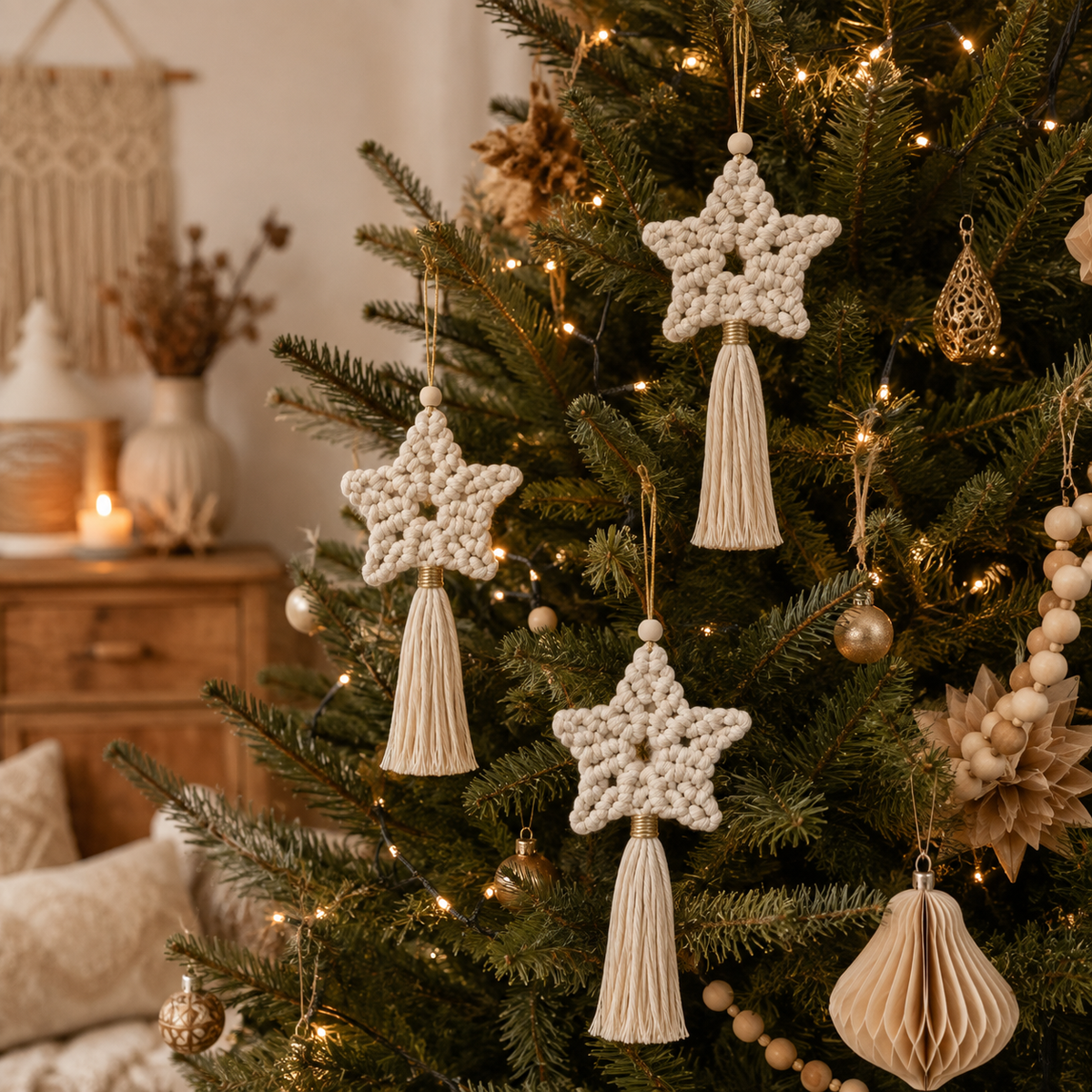 Estrellas de macramé blanco decorando un árbol de Navidad estilo boho