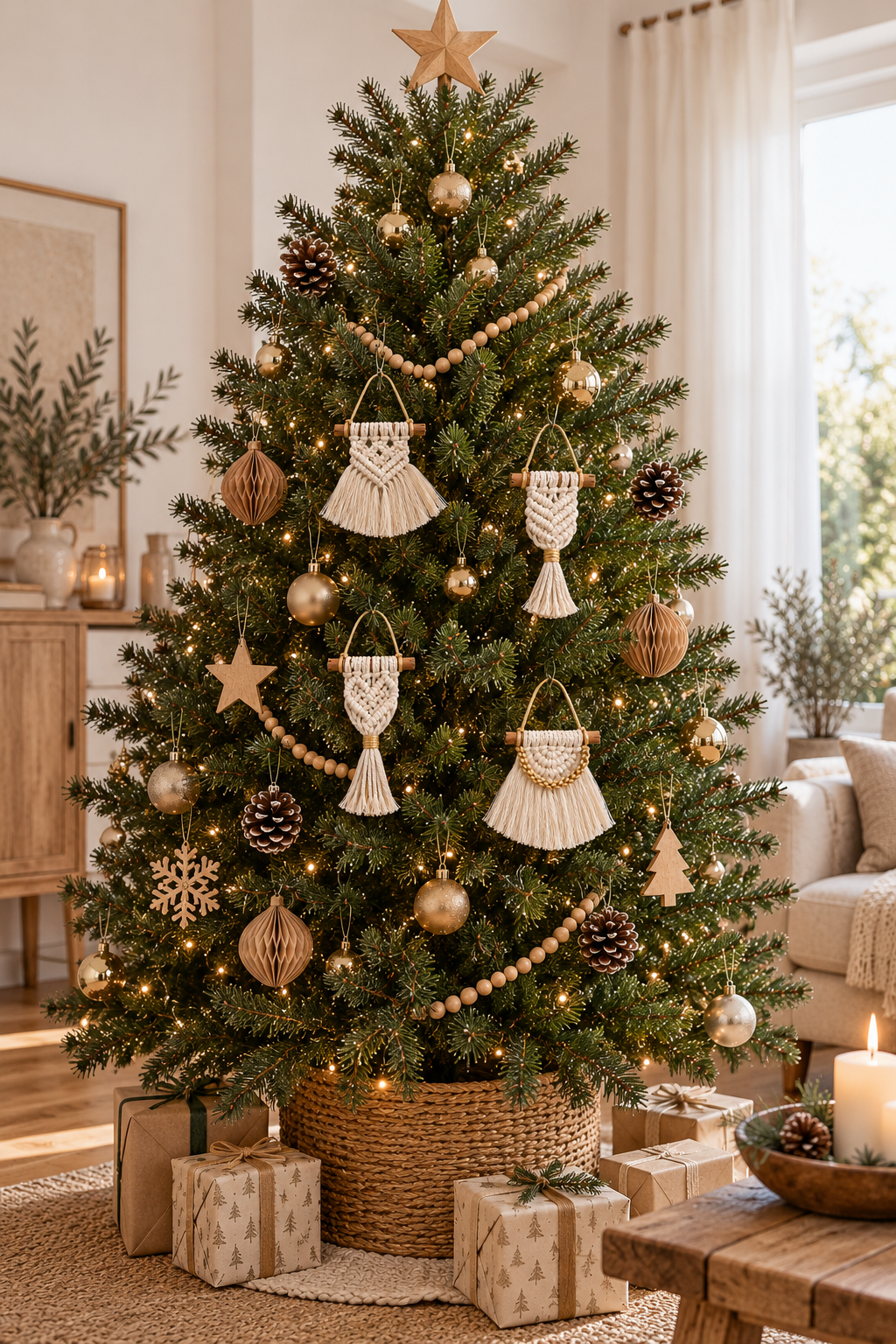 Adornos de Navidad de macramé y canela colgados en árbol de estilo boho