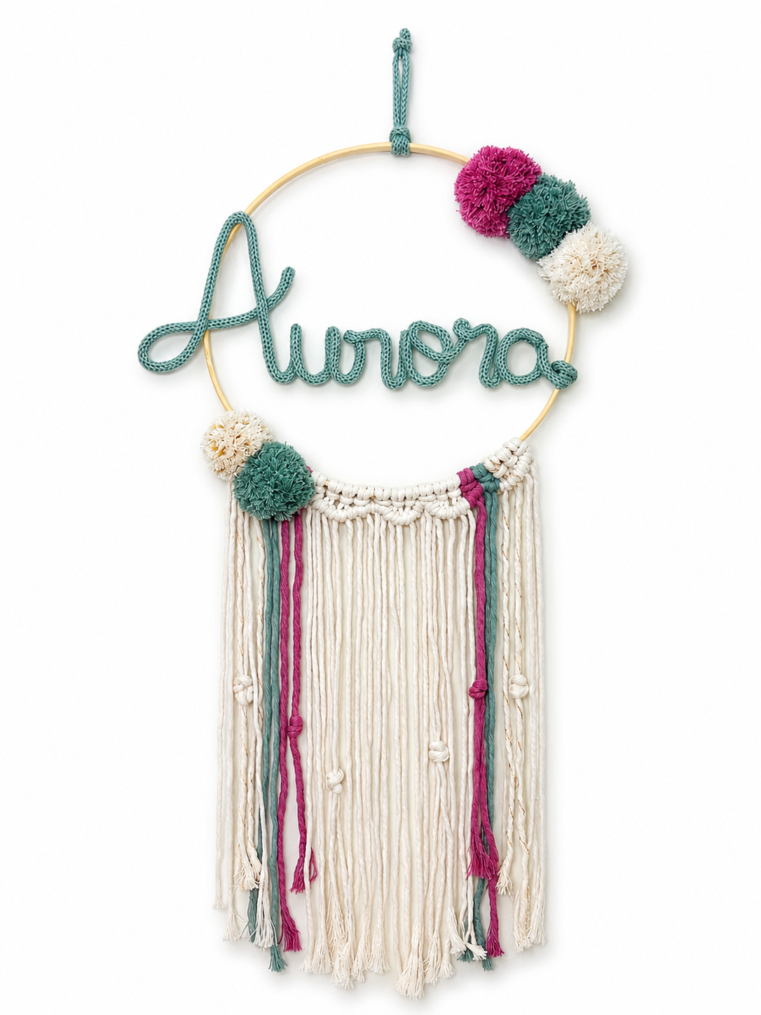 atrapasueños con nombre aurora en verde turquesa y macramé