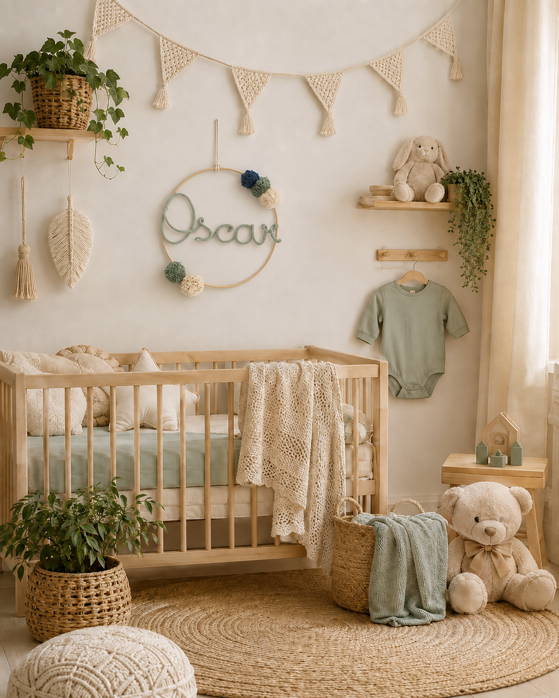 Habitación de bebé con cuna y decoración de una atrapasueños con el nombre Oscar en tonos verdes