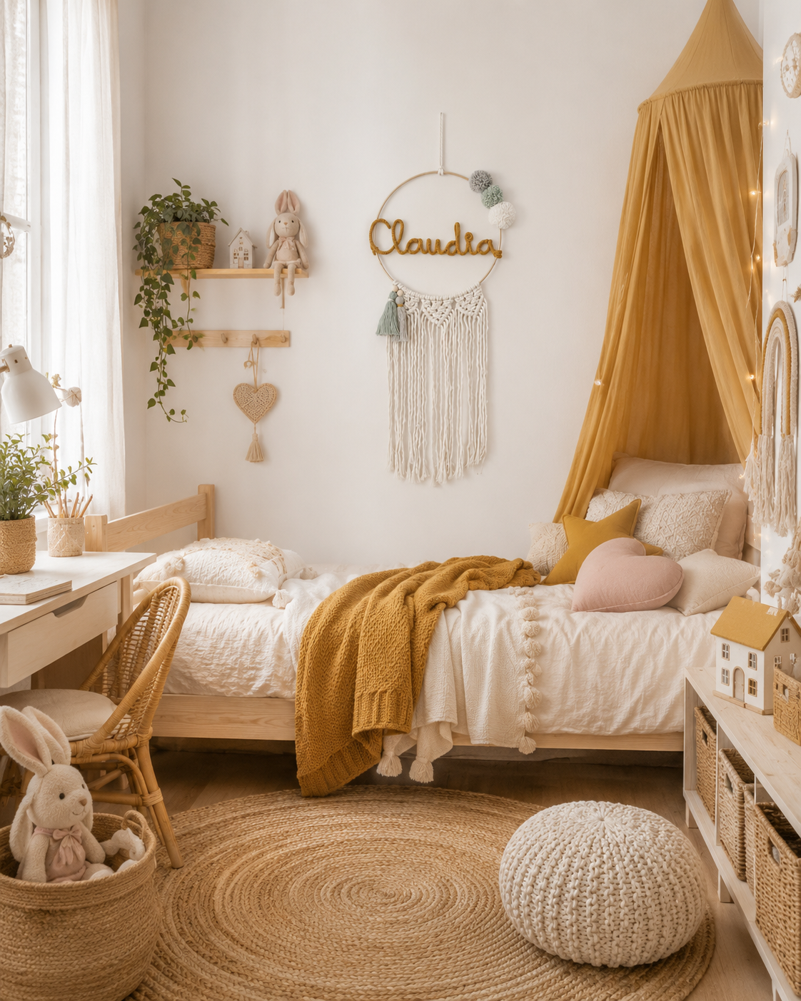habitación de niña en tonos mostaza con un atrapasuelños de macrame con el nombre Claudia de la tienda CabodegataShop.com