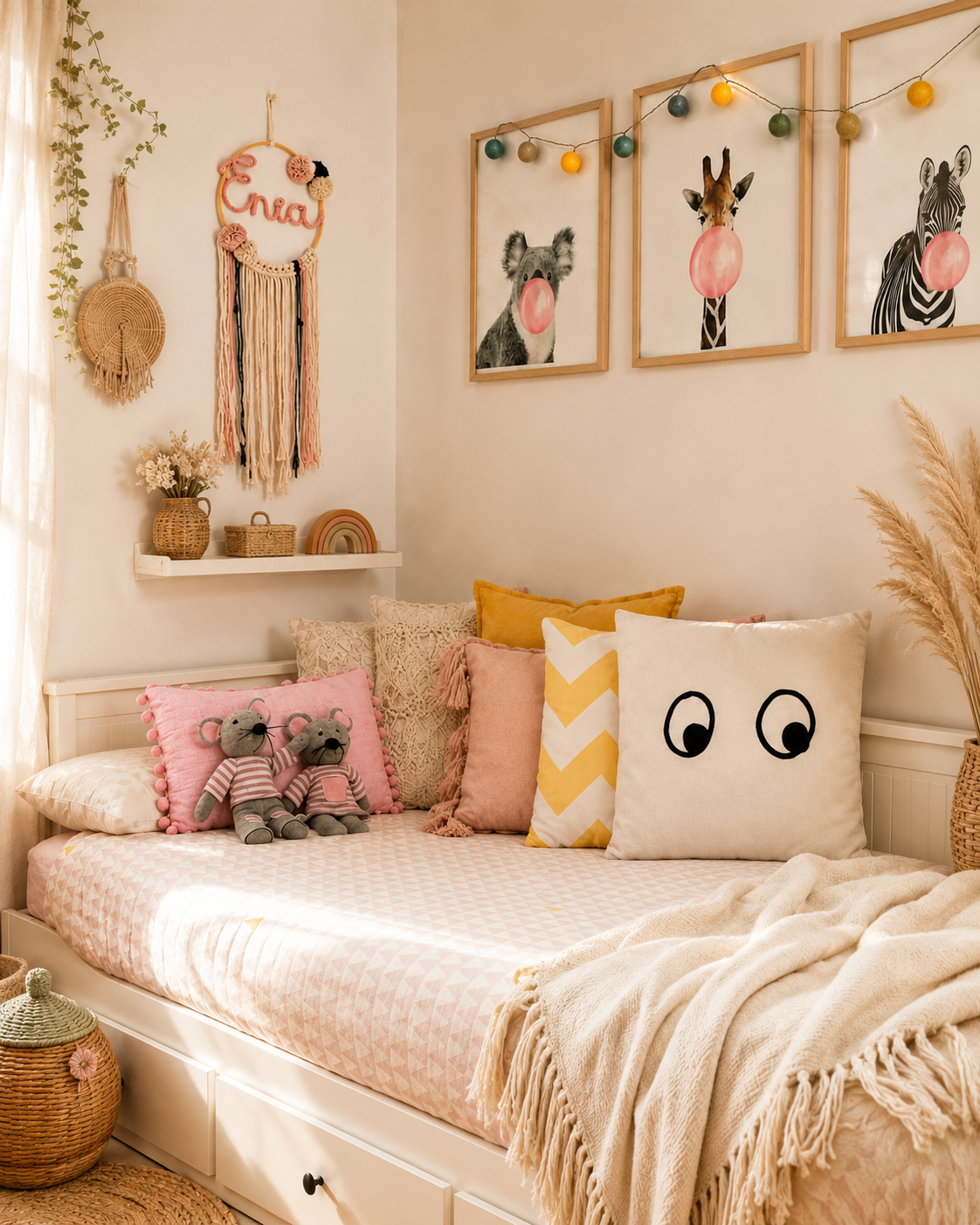habitación de niña con atrapasueños de macramé con el nombre Enia en tonos rosas 