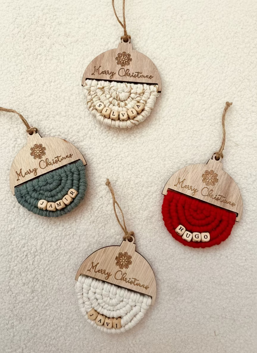 Bola Navidad Personalizada hecho a mano de madera y macramé. Regalo para decorar el árbol o tu hogar estas Navidades.