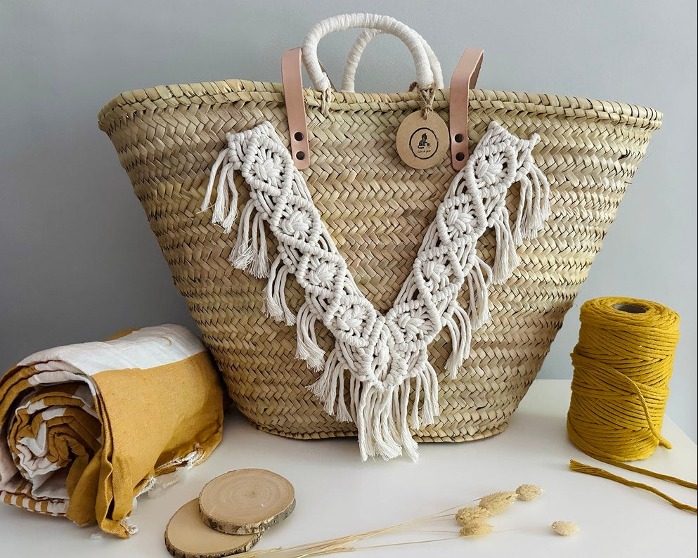 Capazo playa estilo boho con macramé, bolso de playa ibicenco