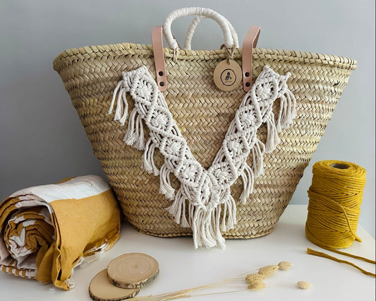 Capazo playa estilo boho con macramé, bolso de playa ibicenco