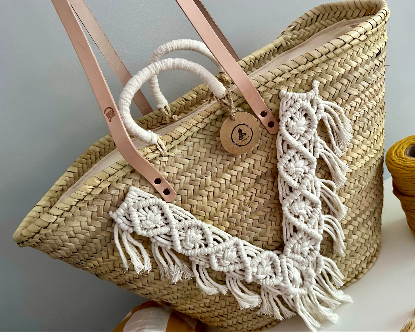 Capazo playa estilo boho con macramé, bolso de playa ibicenco