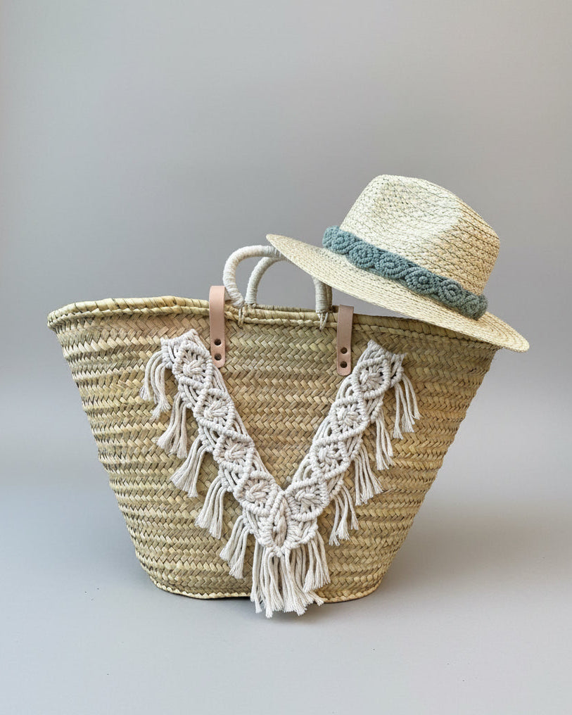 Capazo playa estilo boho con macramé, bolso de playa ibicenco