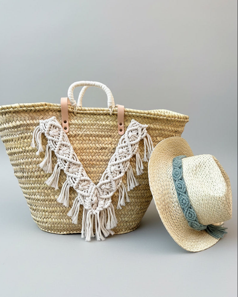 Capazo playa estilo boho con macramé, bolso de playa ibicenco