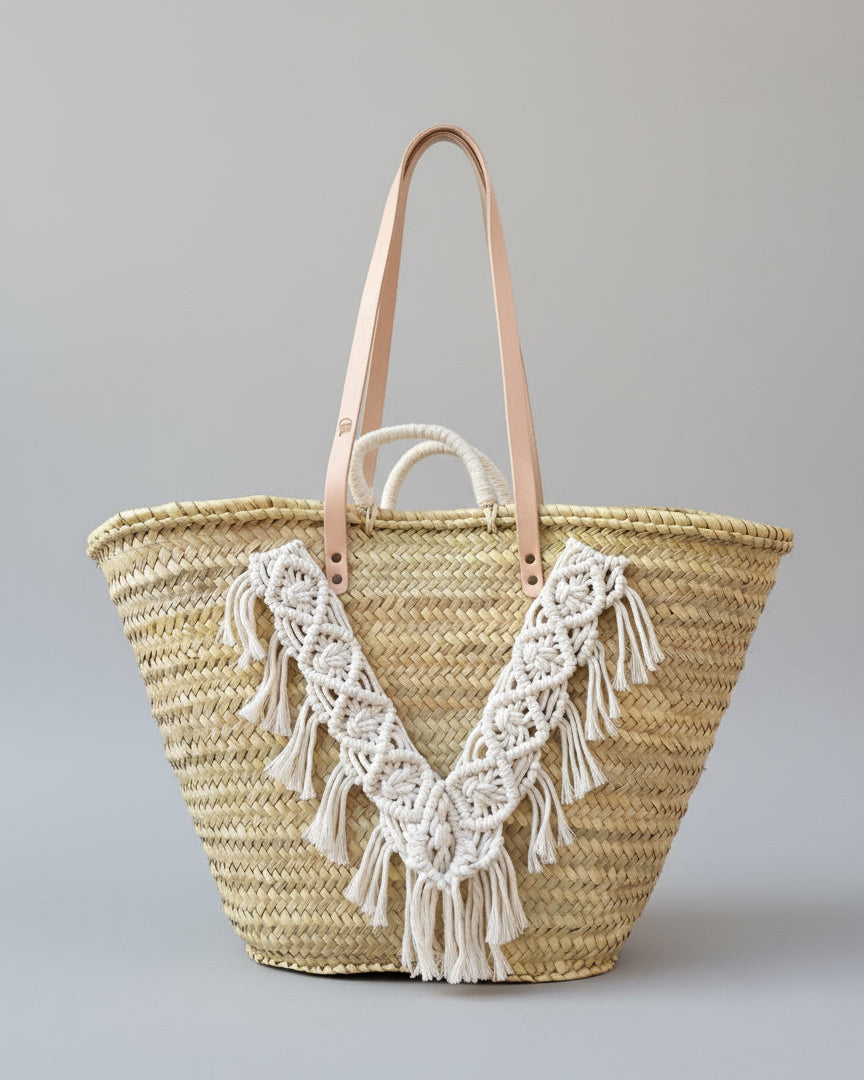 Capazo playa estilo boho con macramé, bolso de playa ibicenco