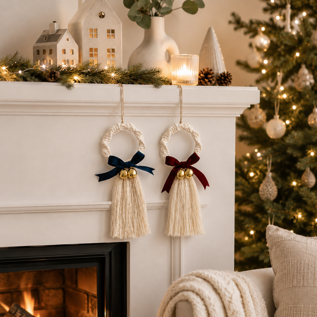 Adornos de Navidad de macramé con lazos azul y burdeos en salón boho con chimenea