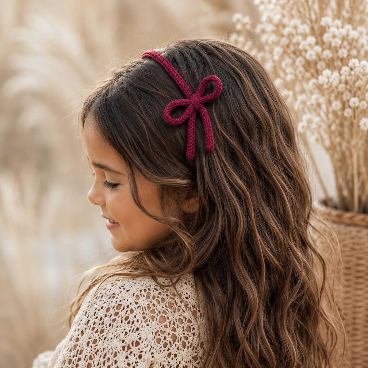 Diadema de crochet con lazo burdeos en peinado infantil boho
