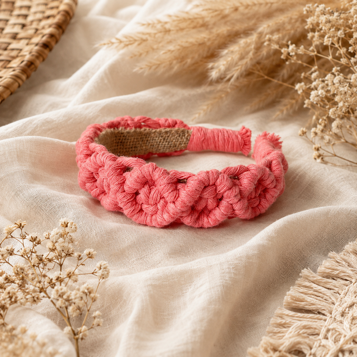 diadema macrame color coral estilo bohemio