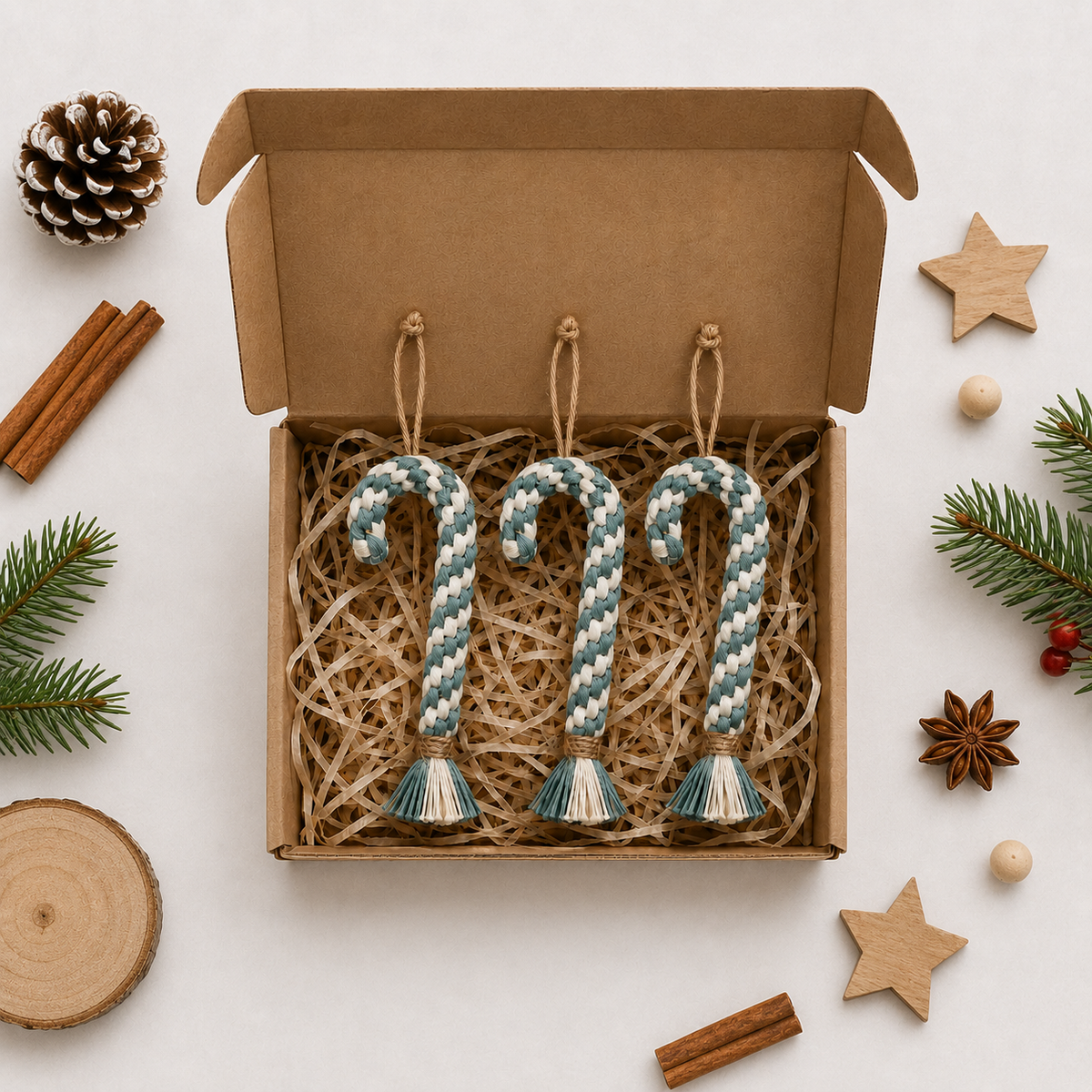 Pack de bastones de Navidad de macramé preparado para regalo