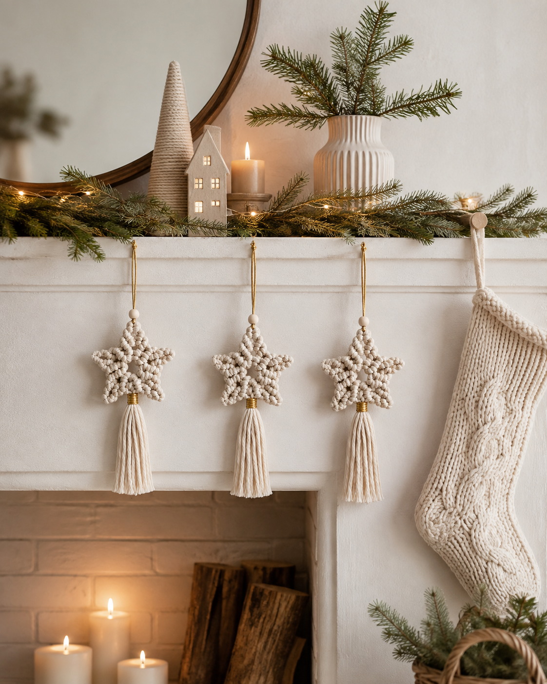 Adornos de estrella de macramé en decoración navideña boho