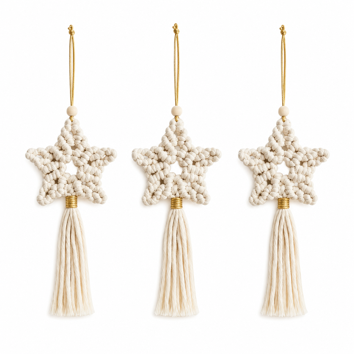 Pack de 3 estrellas de Navidad de macramé blanco hechas a mano