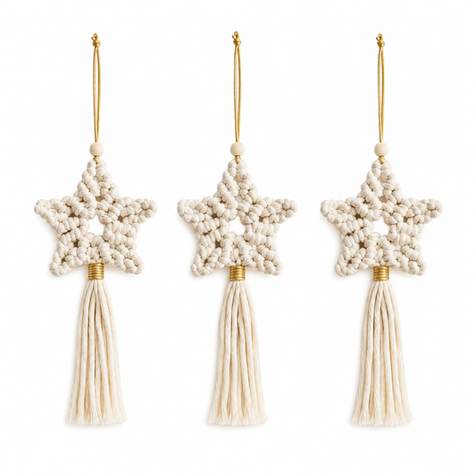 Pack de 3 estrellas de Navidad de macramé blanco hechas a mano