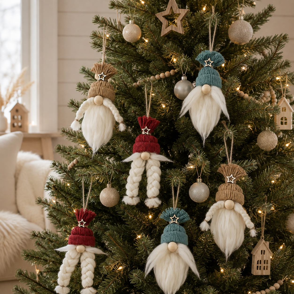 Gnomos navideños artesanales colgados en el árbol de Navidad