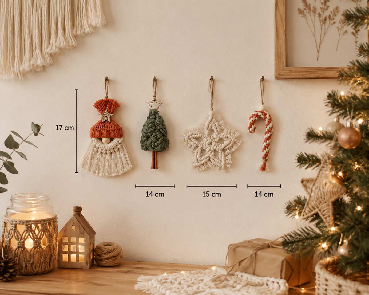 Medidas de adornos de Navidad de macramé: gnomo, árbol, estrella y bastón