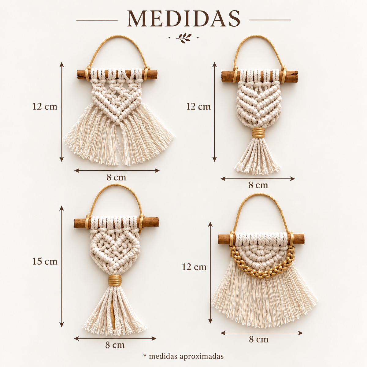 Medidas de adornos de Navidad de macramé y canela, 8 x 12 y 8 x 15 cm