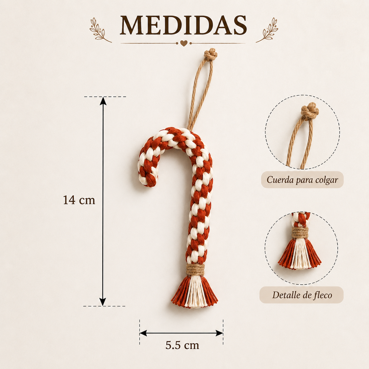 Bastón de Navidad de macramé de 14 cm de largo
