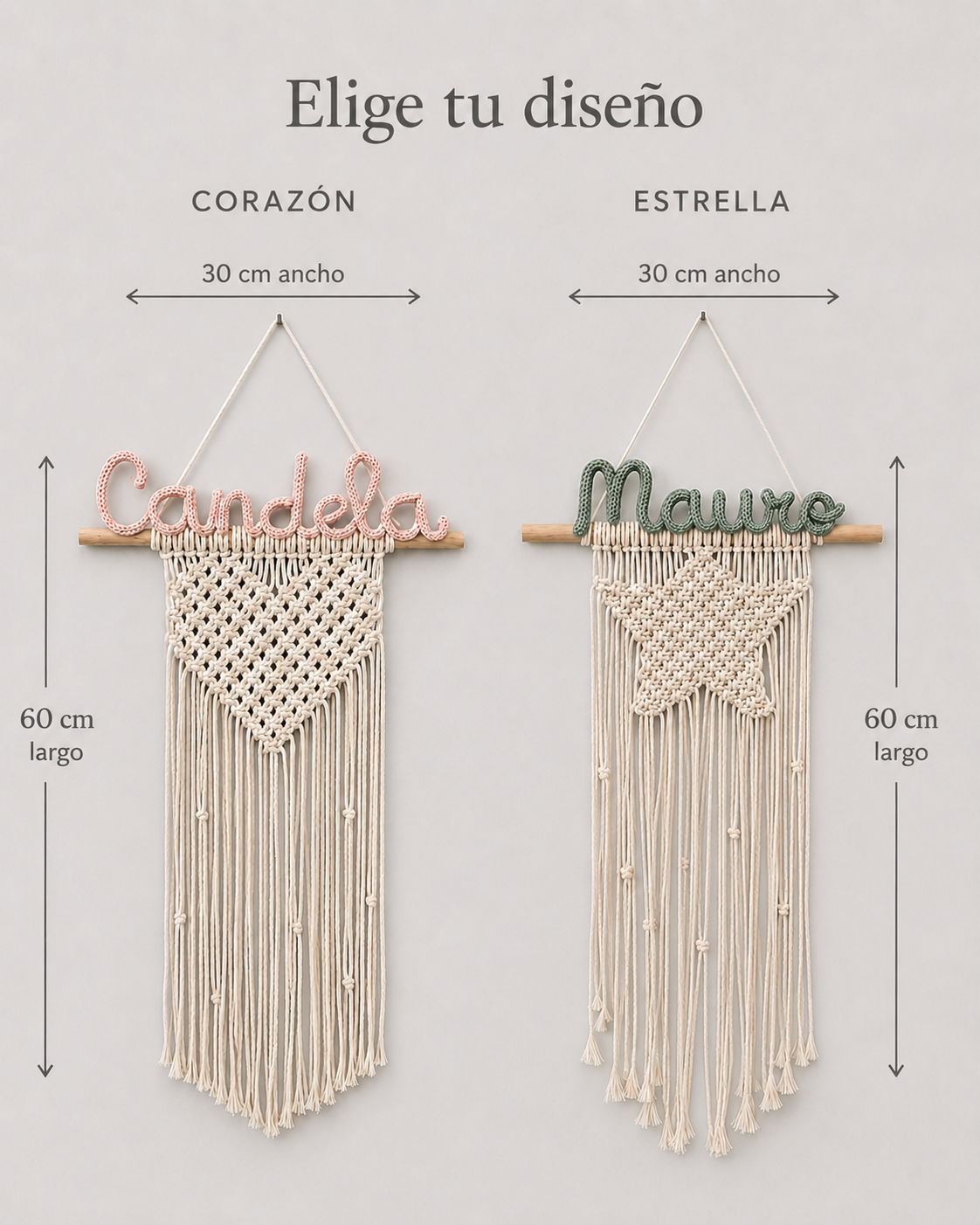 Tapiz infantil de macramé personalizado con nombre en diseño corazón o estrella 30 x 60 cm