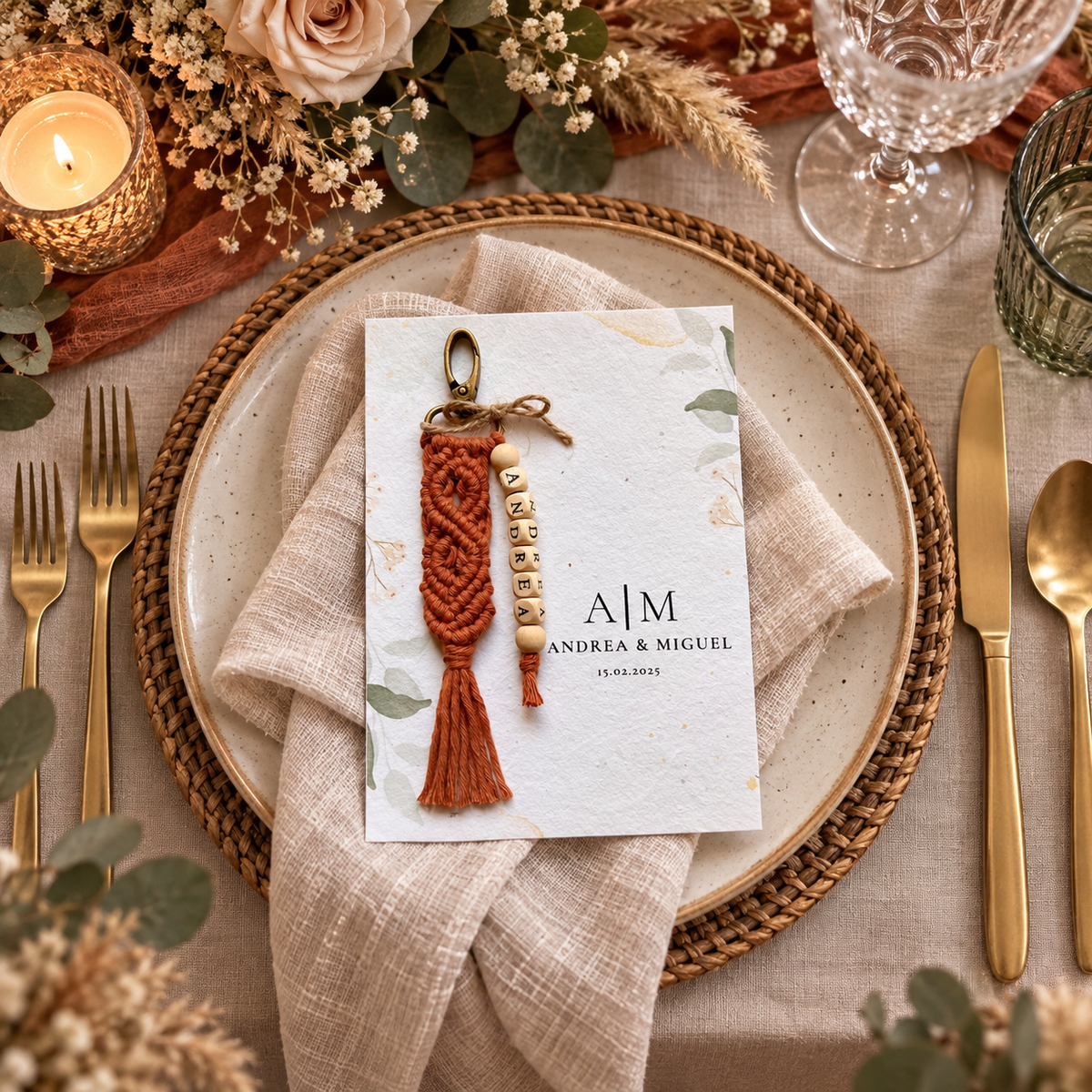 Llavero de macramé personalizado con nombre sobre tarjeta A5 en mesa de boda boho