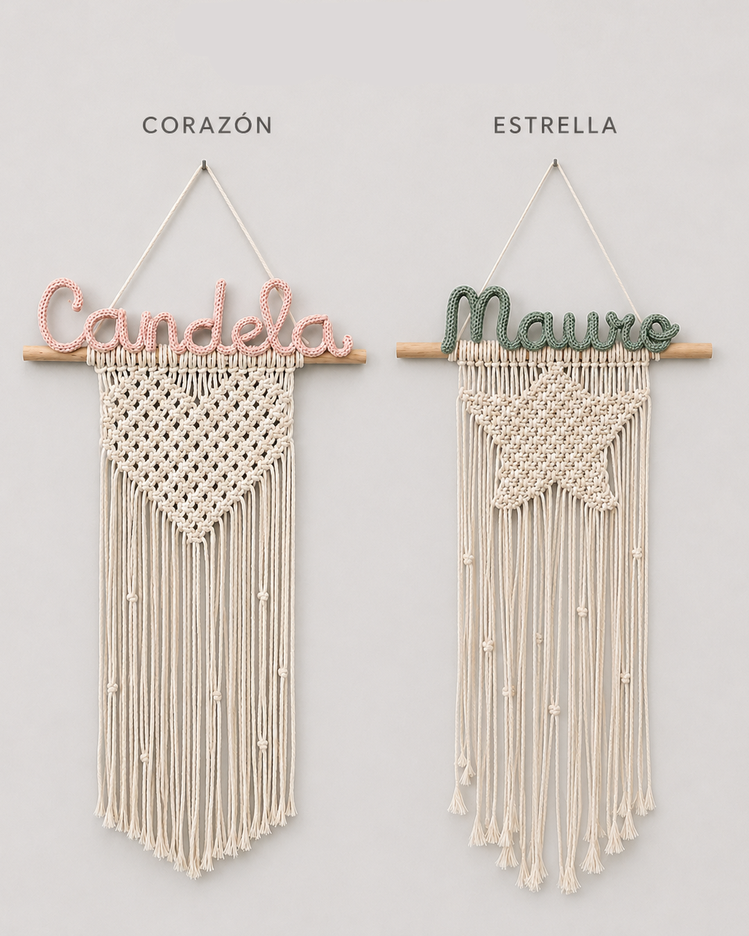 Tapiz infantil de macramé personalizado con nombre en diseño corazón o estrella
