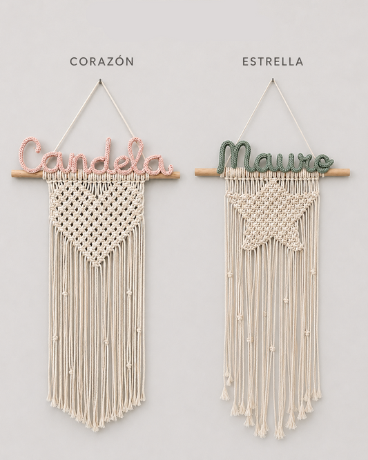 Tapiz infantil de macramé personalizado con nombre en diseño corazón o estrella