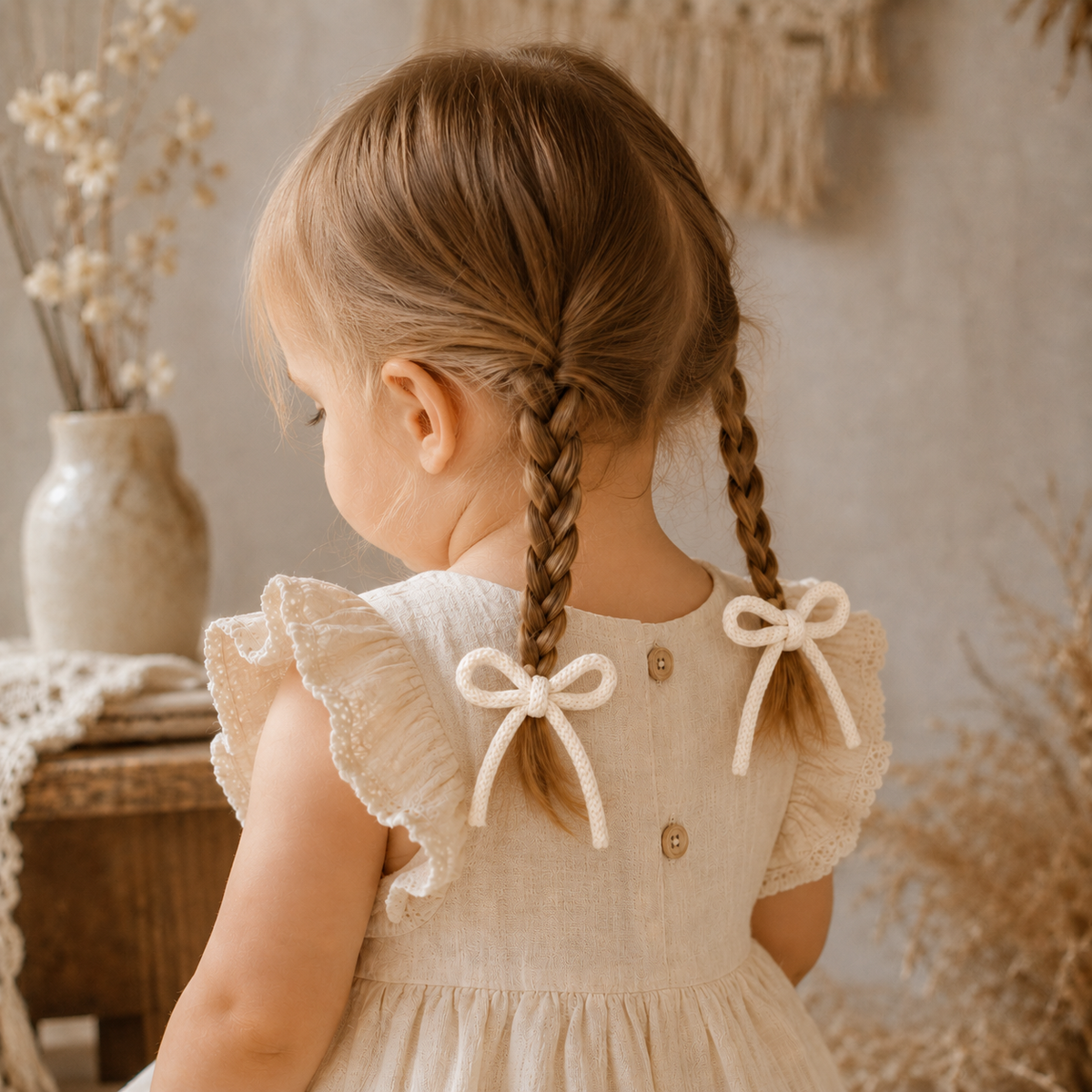 Cordones de tricotín blancos anudados en trenzas