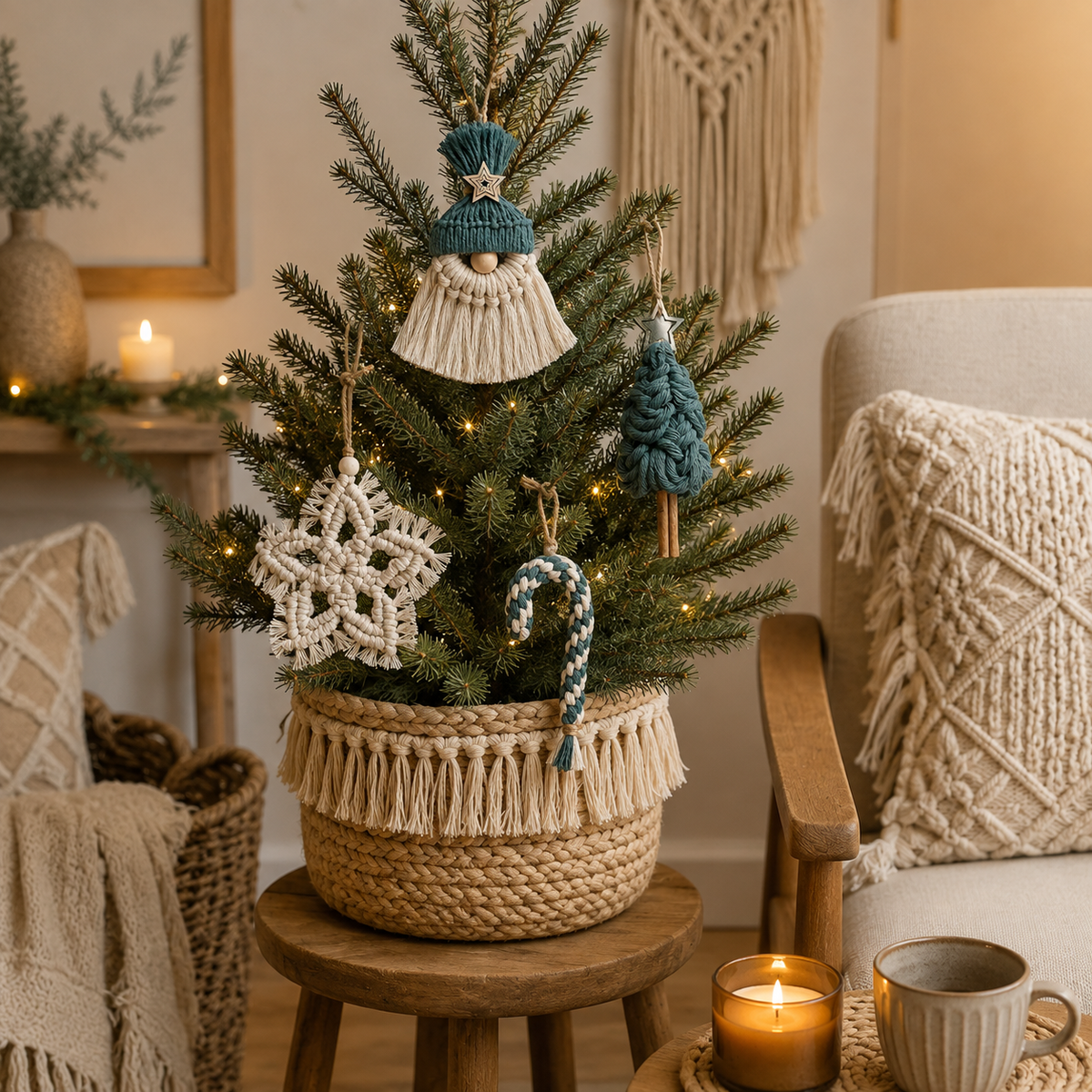 Adornos navideños de macramé verde y blanco en salón de estilo boho