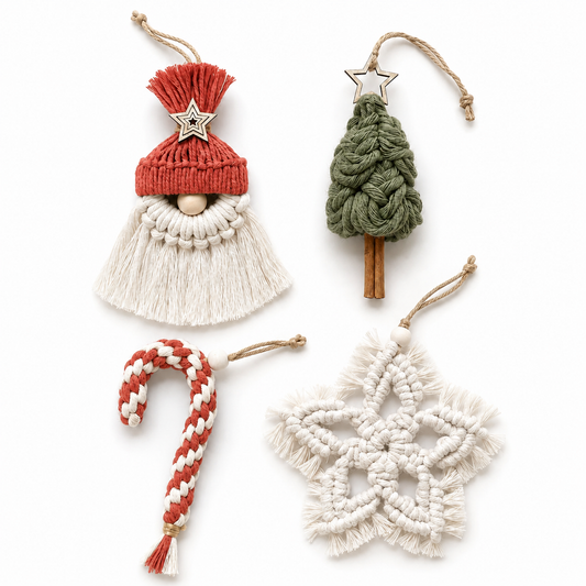 Pack de 4 adornos de Navidad de macramé en terracota y verde