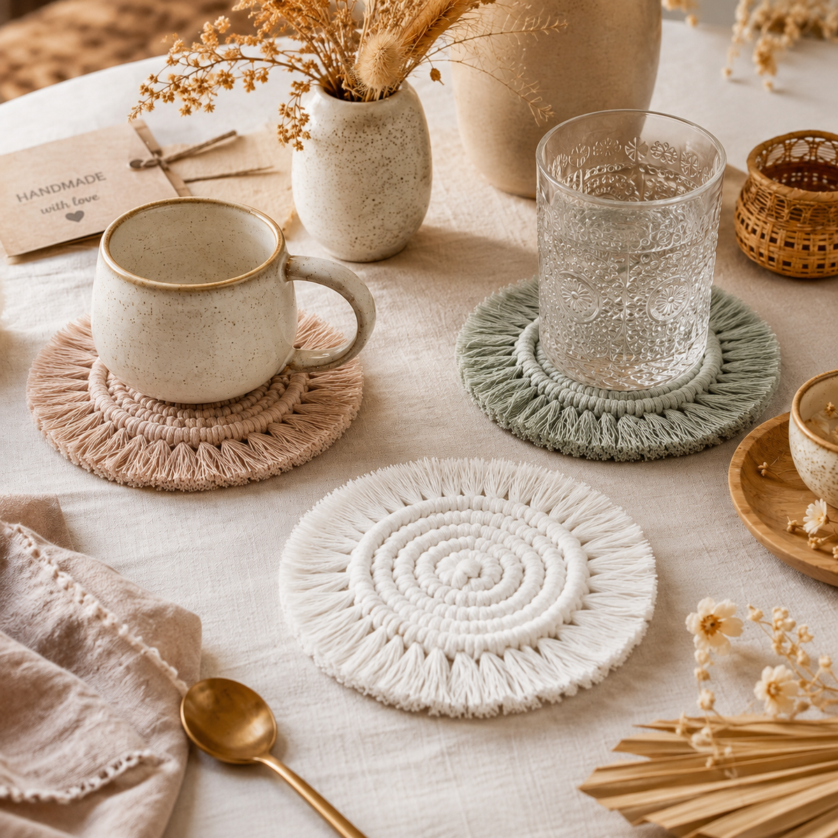 Posavasos de macramé con flecos decorando una mesa estilo boho