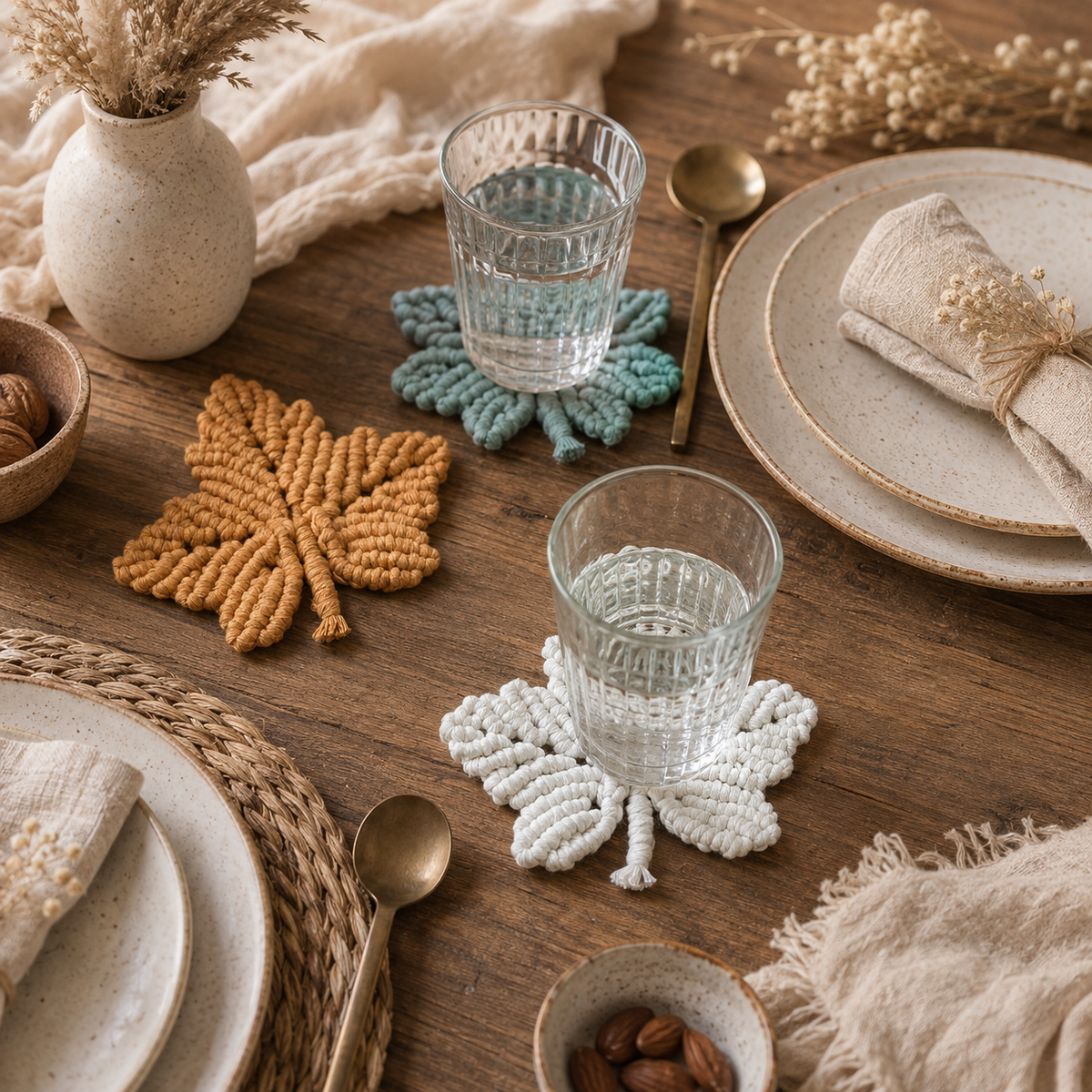 Posavasos de macramé con forma de hoja de arce artesanal