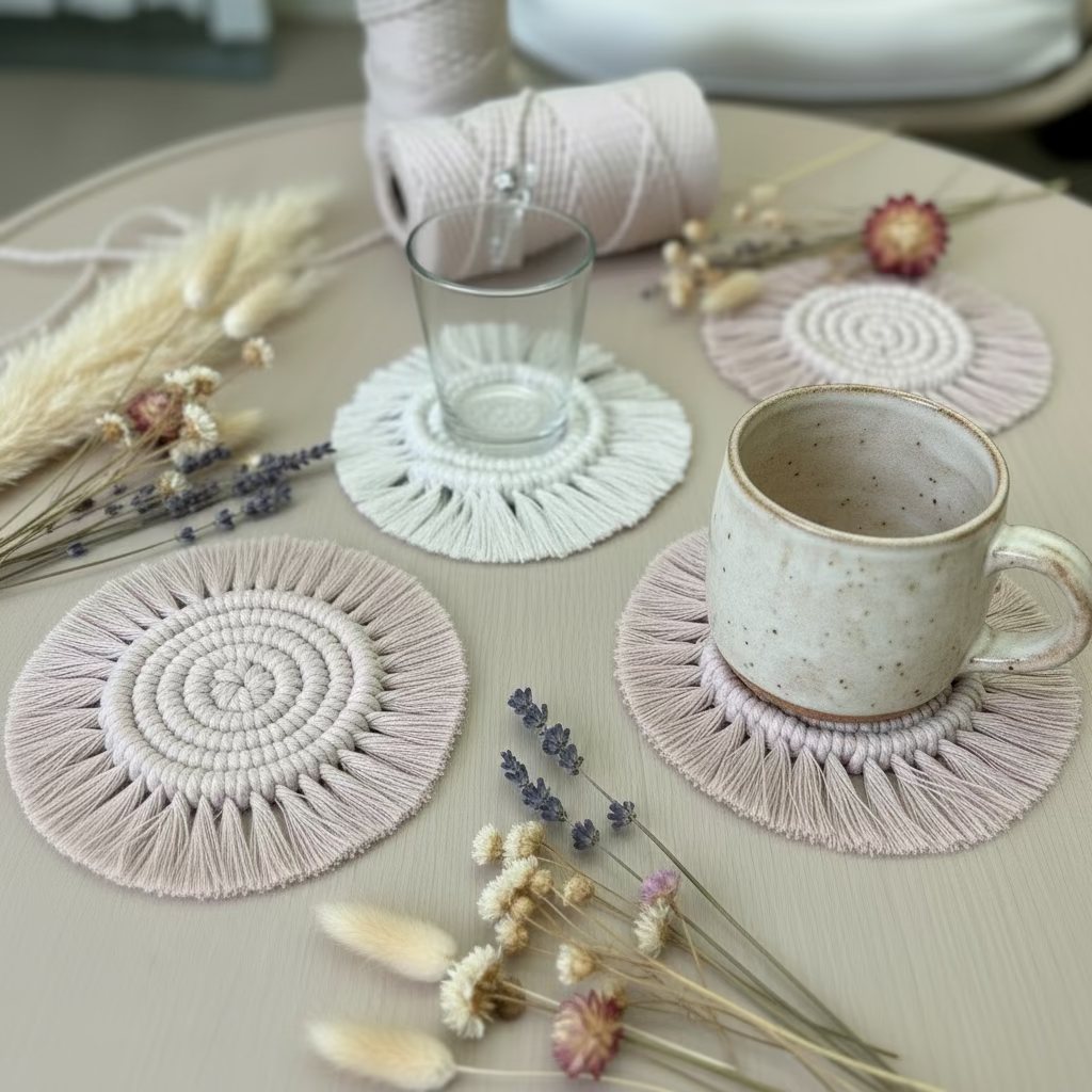 Posavasos artesanales de macramé con flecos en rosa y natural