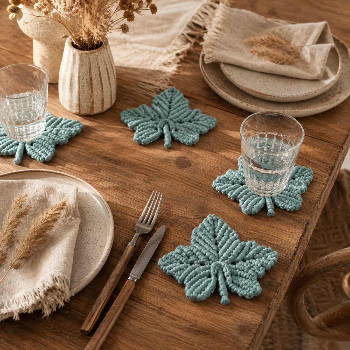 Posavasos hoja de arce de macramé decorando una mesa boho
