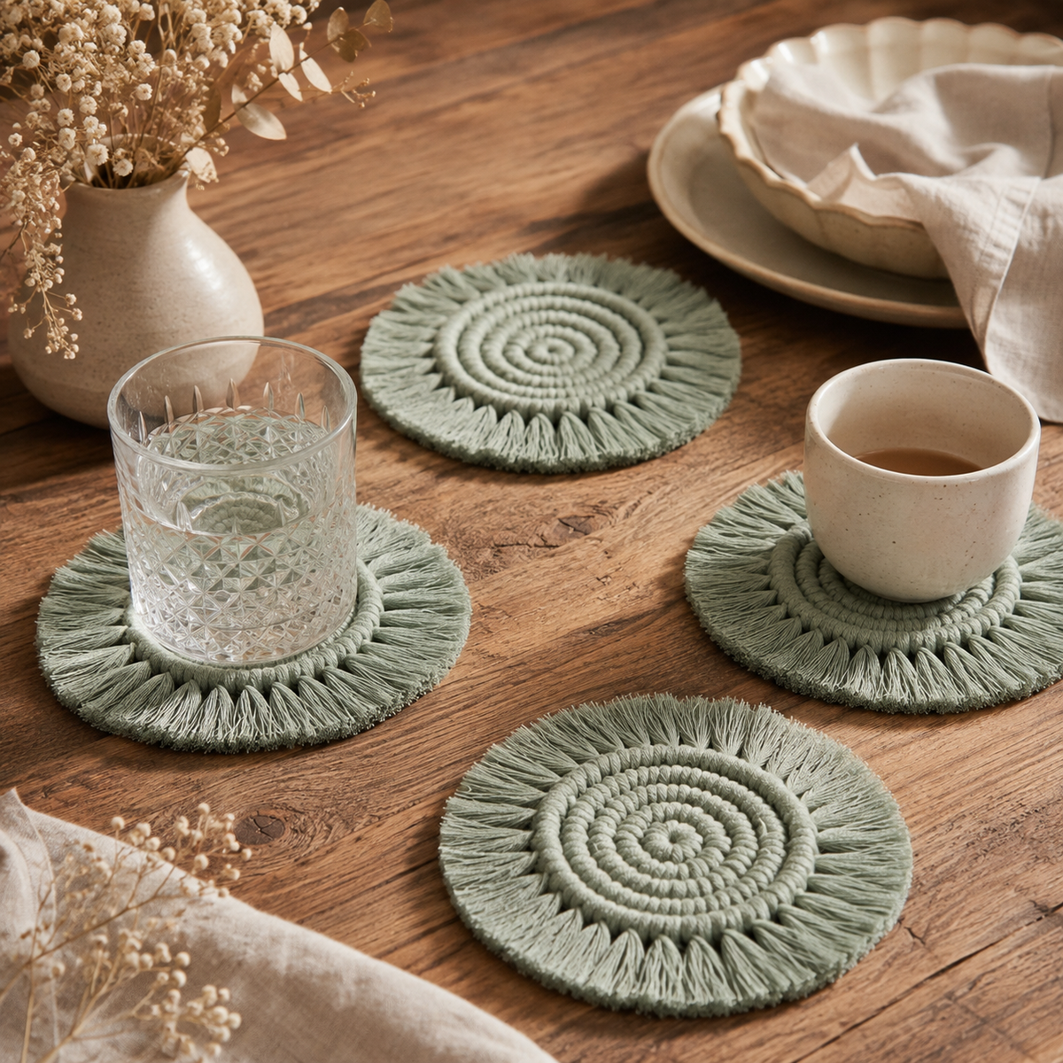 Pack de cuatro posavasos de macramé verde salvia con flecos