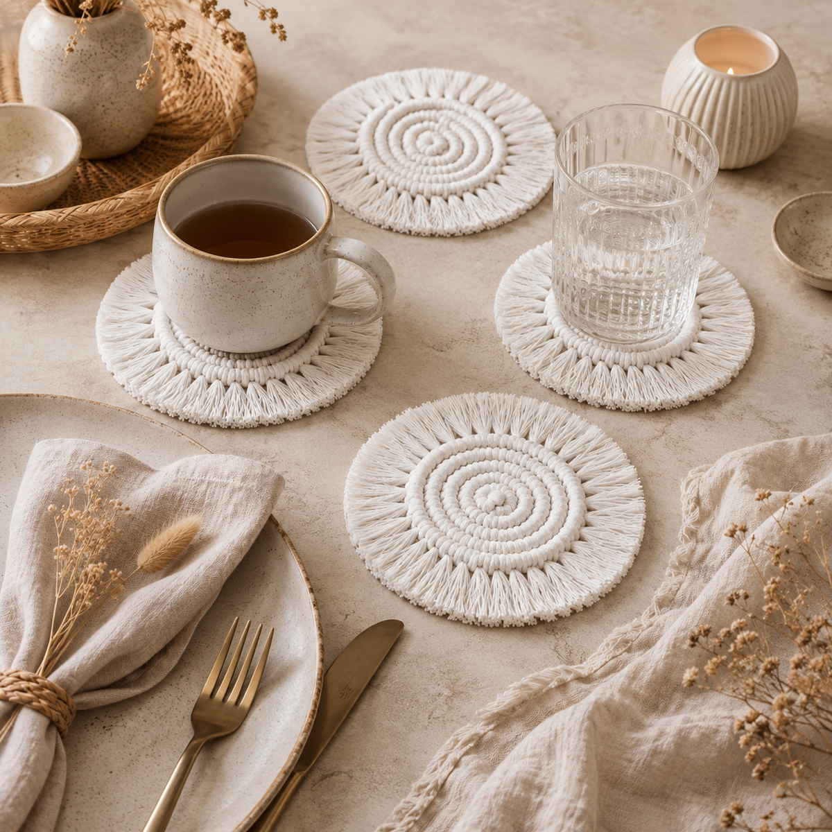 Posavasos de macramé blancos con flecos para tazas y vasos
