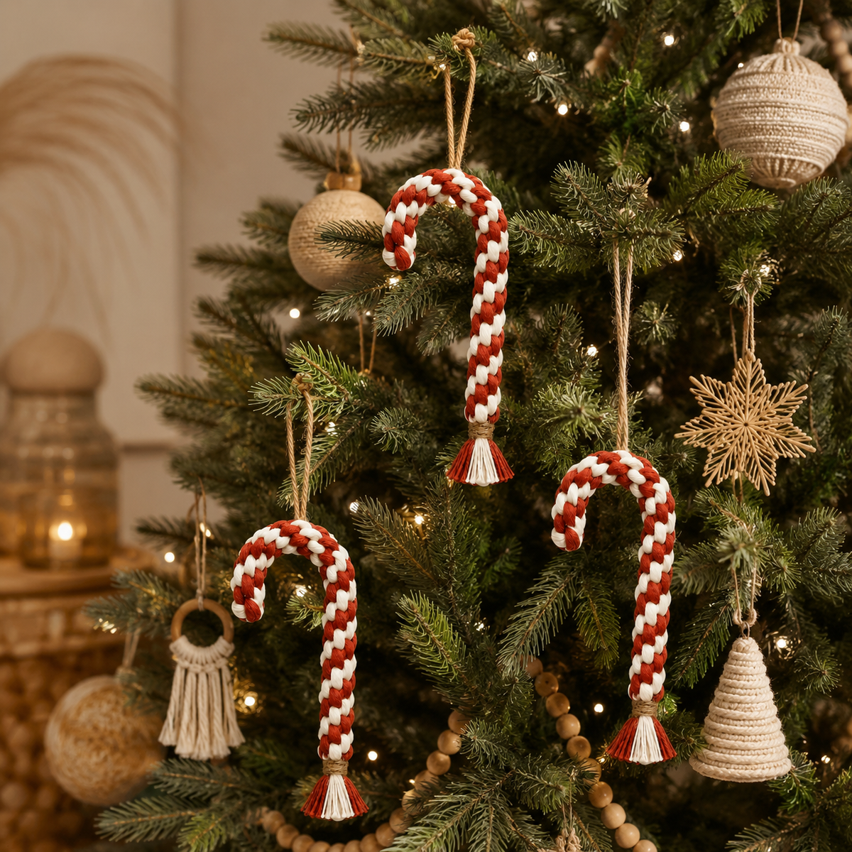 Bastones de macramé decorando un árbol de Navidad estilo boho