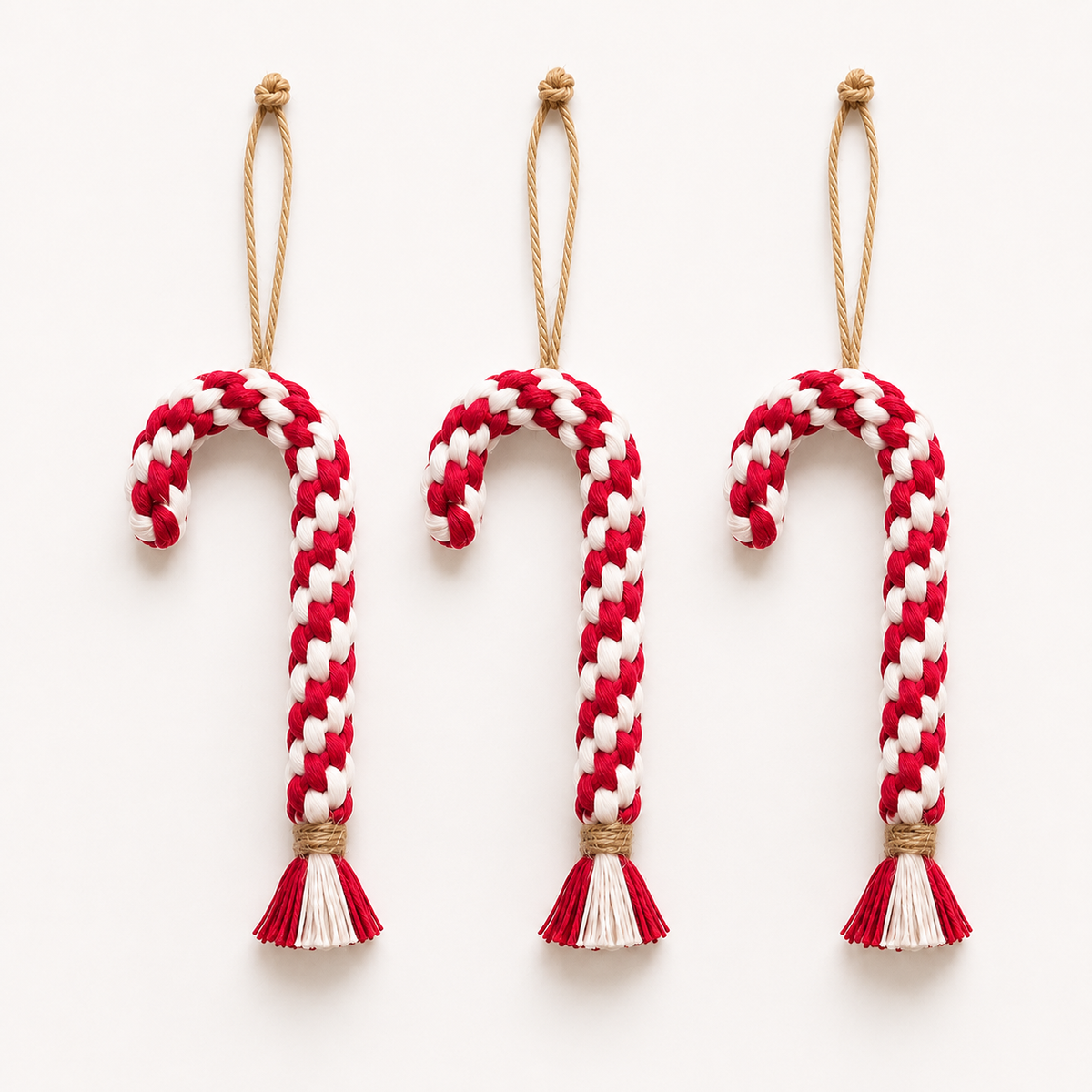 Pack de 3 bastones de Navidad de macramé  rojo y blanco natural