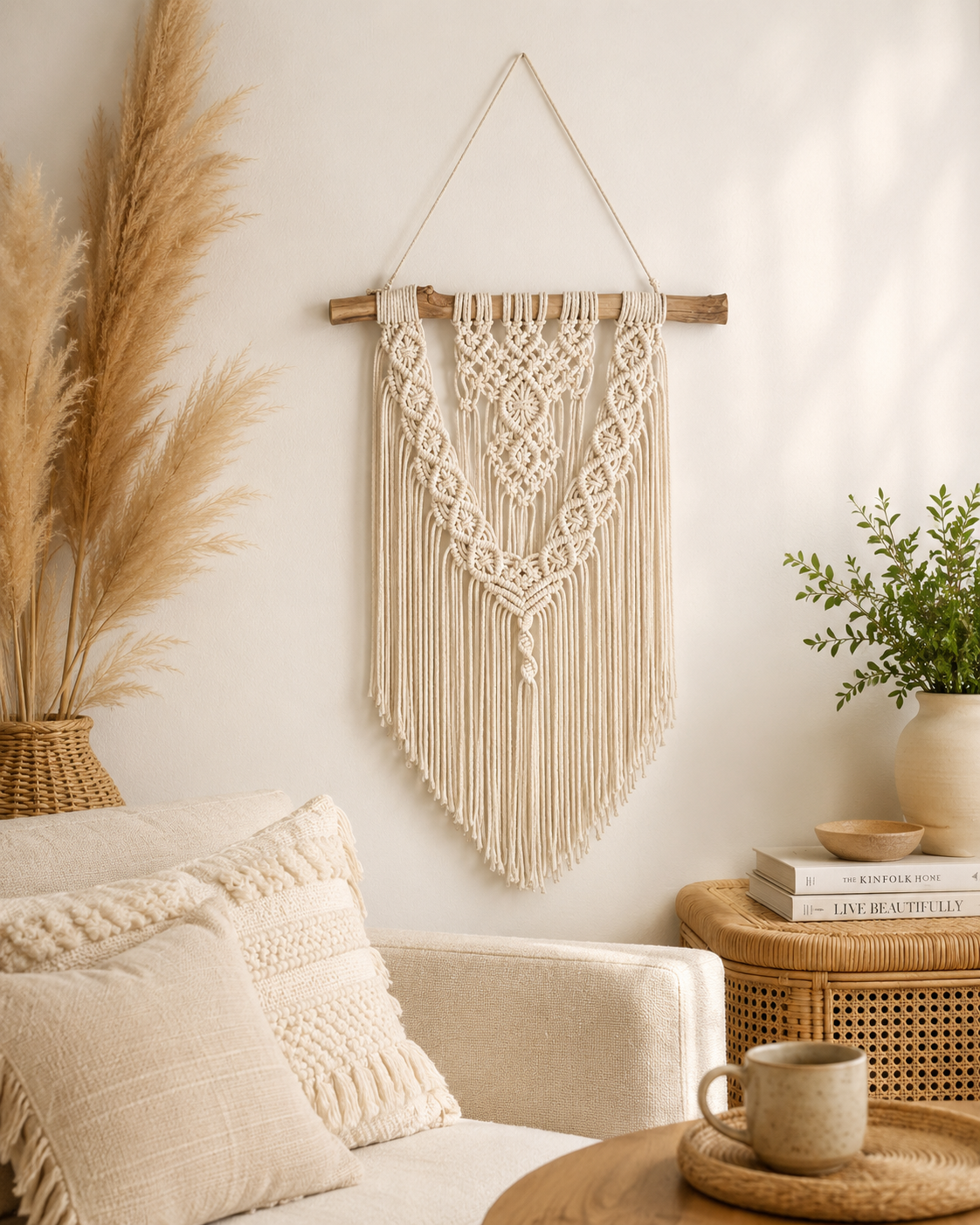Tapiz de macramé natural decorando un salón de estilo boho